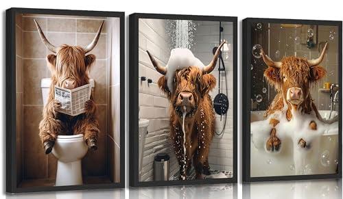 3pcs Funny Bathroom Highland Cow Canvas Wall Art Cute Cow Animal Posters Prints Paintings Highland Cattle Sitting On Toilet And Reading Newspaper Wall Decor Pictures for Restroom Decor Unframed