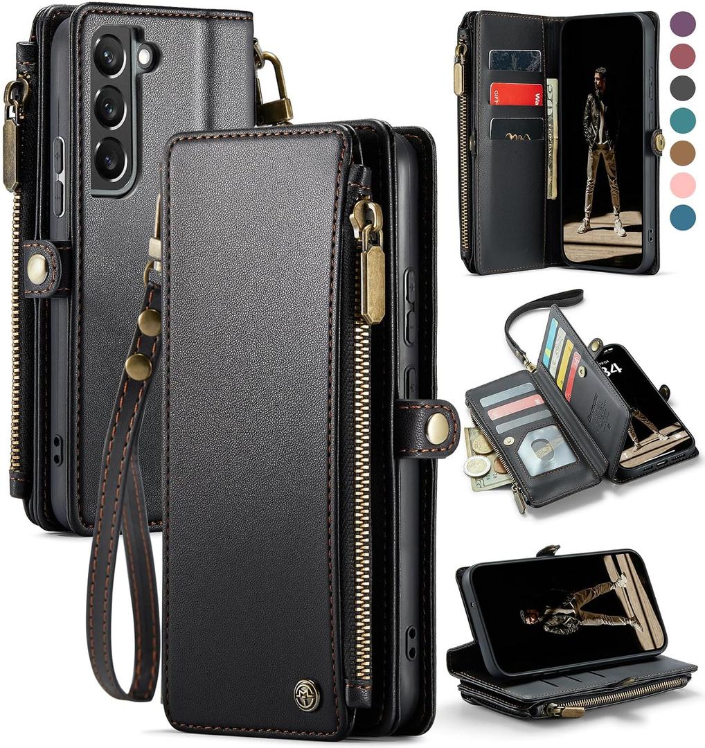 Defencase Compatible with Samsung Galaxy S22 Plus Case Wallet with RFID Blocking Card Holder for Women Men, PU Leather Magnetic Snap Flip Zipper Strap Phone Case Fit for Galaxy S22 Plus 5G 6.6", Black