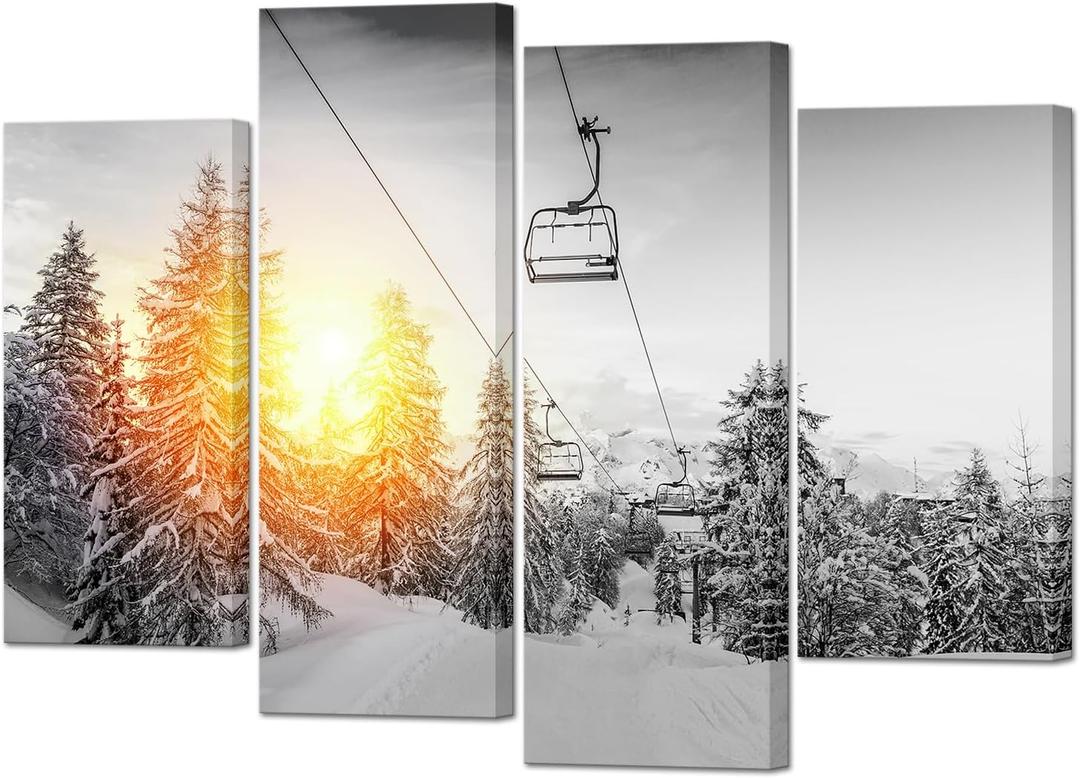YeiLnm Ski Mountain Posters Snowboard Picture 4 Piece Wall Art Winter Canvas, 12x24inchx2pcs+12x32inchx2pcs
