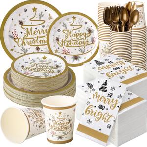 Sinmoe 400 Pcs Winter Dinnerware Set Disposable Winter Plates and Napkins Set Serve 50 Christmas Paper Dinner Plates Napkins Cup Christmas Party Supplies for Holiday (Gold, Trees)