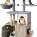 Litter Box Enclosure with Cat Tree,Cat Tree with Litter Box Enclosure,Hidden Pet Washroom Furniture with Sisal Scratching Post,Hammocks,Condo,Multiple Platform,Soft Plush Perch, Grey