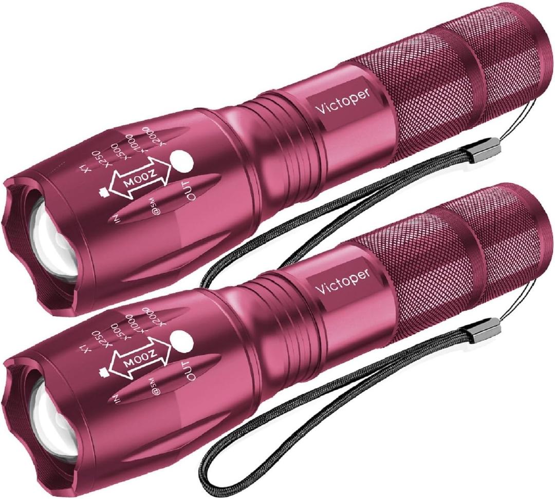 Victoper LED Flashlight 2 Pack Pink, Bright High Lumens Tactical Flashlights High Lumens with 5 Modes, Waterproof Zoomable Flash Light for Outdoor, Gifts for Hunting Camping Essentials Gear