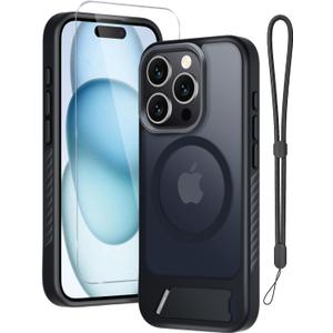 RMOCR for iPhone 15 Pro Case with Screen Protector+Lanyard Wrist Strap,Magnetic Translucent Matte Rugged Slim Phone Cover Built in Invisible Kickstand [Fit for MagSafe],Black