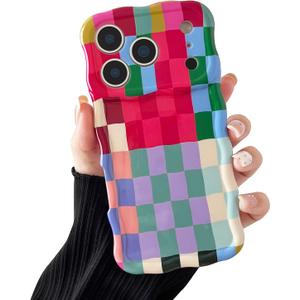 Compatible with iPhone 17 Pro Case, Cute Wave Curly Colorful Checkerboard Plaid Pattern Cover for Women, Soft TPU Shockproof Protection Case Compatible for iPhone 17 Pro (Colorful 1)