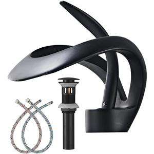 Black Bathroom Sink Faucet Waterfall Round Single Handle One Hole Vanity Pop up Drain with Overflow for Basin Sink