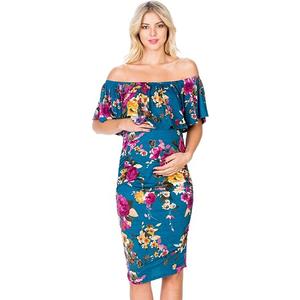 My Bump Womens Off Shoulder Maternity Dress - Ruched Ruffle Off Shoulder Baby Shower Pregnancy Dress (Made in USA) (Medium, Teal#1 Flower)