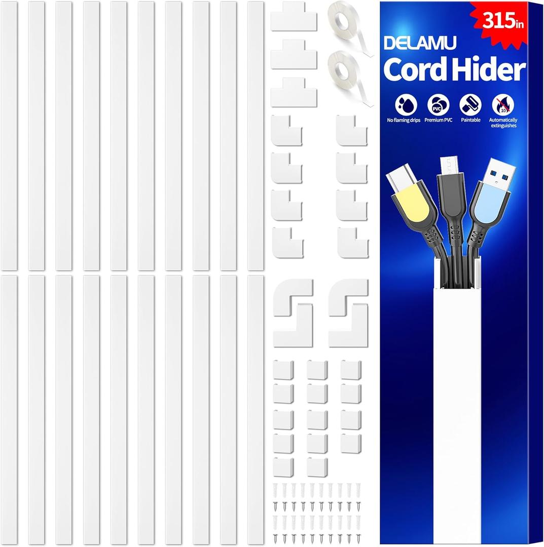 Delamu Cord Hider, 315in Wire Covers for 2-3 Cords on Wall, Premium Cable Hider Cord Covers for Wires on Wall, Cable Management Wire Hiders for TV, Cable Raceway Kit, L15.7X W0.95x H0.55in, White