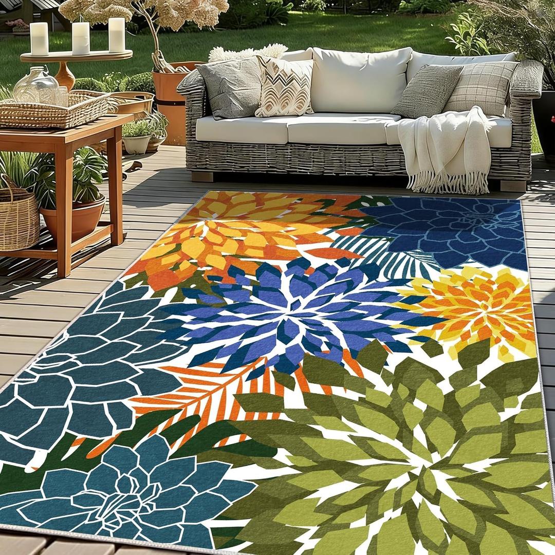 ZonLi Outdoor Rug 8x10Ft Waterproof Multicolored Yellow Green Indoor Area Rug Washable Outdoor