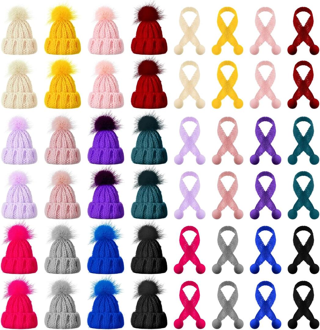 Bencailor 48 Pcs Mini Christmas Knitting Hats and Mini Christmas Scarf Set Knitting Doll Hat Scarf Santa Knit Hat Tree Ornaments for DIY Craft Art Doll Decoration (Mixed Color)