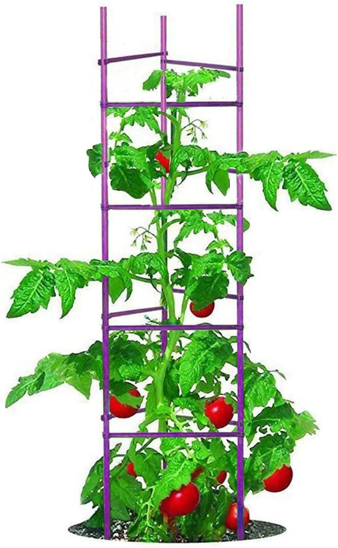 NO Splicing - 5ft Tall Tomato Cage 6-Pack Large Tomato Stakes Garden Plant Stakes Climbing Supports, 40 Clips and Plant Ties Included, Purple
