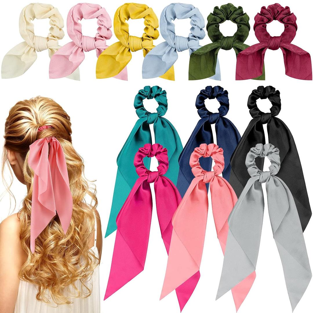 12 Pcs Hair Accessories for Women Hair Bows Scrunchies Scarf Ties Bunny Ears Silk Satin Scrunchies Hair Ribbons Hair Scarf Hair Ties with Bows for Women Lady(Fresh Color) (Fresh Color)