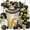 16th Black Gold Party Decoration Balloon Sets 40 Inch Gold Giant Number balloons with Birthday Banner Black Gold balloon Arch Garland for Women Men Girls Boys Birthday Decor(16th)