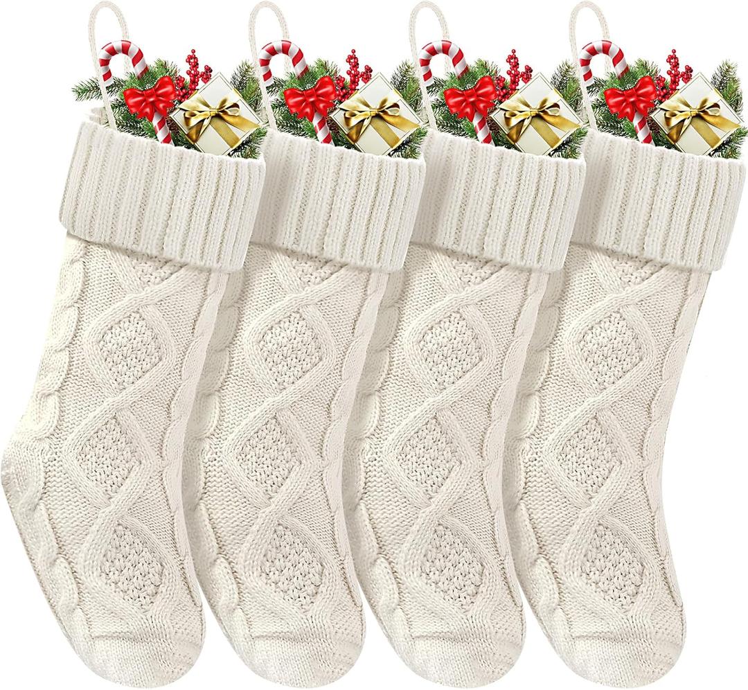 Christmas Stockings 18 Inches,Long Knitted Socks Christmas Decoration Hanging Stocking Fireplace Xmas Tree Stocking for Home Family4 White