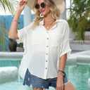Kumufenc Womens Swimsuit Cover Up Summer Bathing Suit Coverup Gauze Button Down Short Sleeve Shirts (Yellow, M)