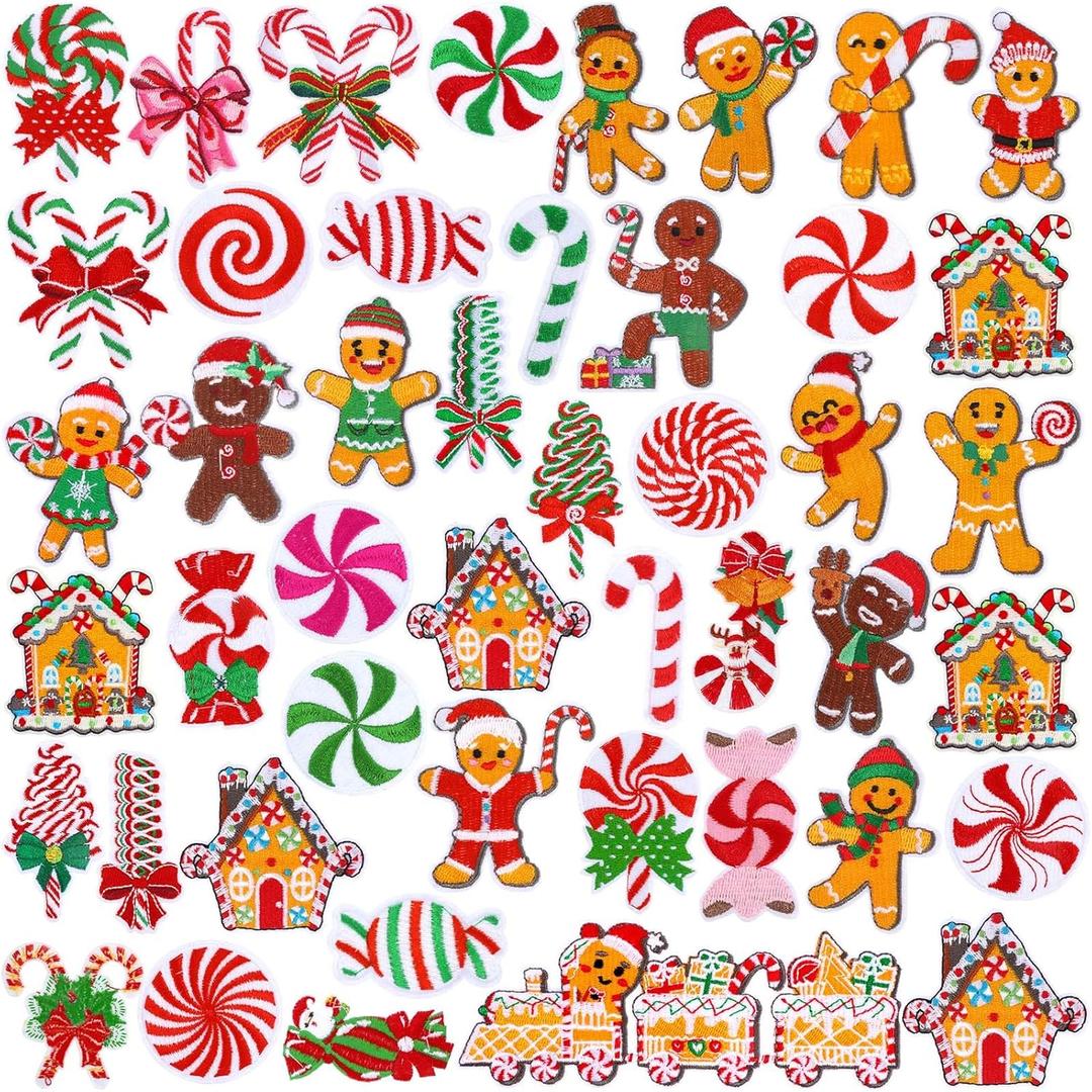 48 Pcs Christmas Iron on Patches Gingerbread Candy Cane Embroidery Applique Patch Christmas Candy Patches for Clothing, Jackets, Bags, Dress, Hats DIY Applique Emblem Accessory