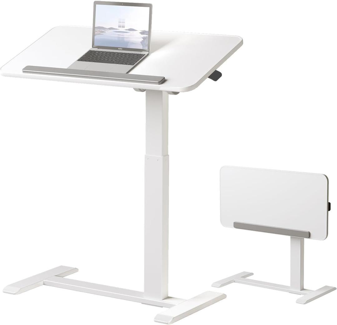 180 Tiltable Mobile Standing Desk, Overbed Table with Wheels, 25.6" - 40.5" Height Adjustable Bedside Table, Portable Rolling Computer Desk for Home Office, Hospital (White)