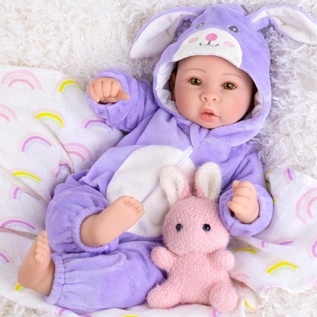 Aori Real Baby Dolls - 17 Inch Realistic Baby Doll with Soft Body & Purple Bunny Outfits for Girls 3+ Pretend Play, Dress Up, Nursery Decor