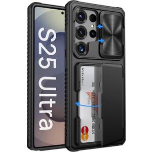 Vihibii for Samsung Galaxy S25 Ultra Case with Card Holder (4 Cards), [RFID Blocking] & Slide Camera Cover & Military Grade Drop Protection, Heavy Duty Wallet Cover for Samsung Galaxy S25 Ultra, Black | with Card Holder, 4 Cards, RFID Blocking, Slide Camera Cover