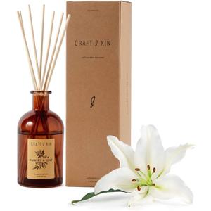 Craft & Kin Lily & Jasmine Diffuser Reed Diffuser | All Natural Essential Oil & 8 Rattan Scent Sticks | Reed Diffusers for Home, Bathroom | Long Lasting Home Fragrance in Amber Glass, 5.75oz
