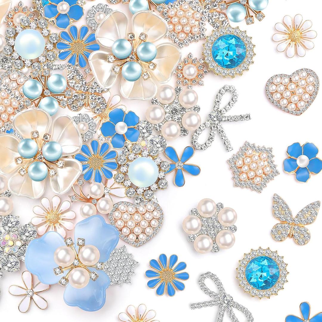 Giegxin 48 Pcs Rhinestone Buttons for Crafts Faux Pearl Embellishments Button Butterfly Flower Vintage Brooch for Wedding Decorations Jewelry Making DIY Clothes Bags Shoes Supplies(Blue)