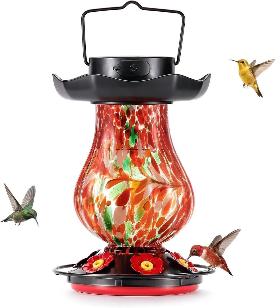DesGully Solar Hummingbird Feeder for Outdoor - 25 fl.oz Hand Blown Glass Hummingbird Feeders for Outdoors Hanging, Large Capacity with Moat, 6 Colors Changing Light Outside Garden Decor (Red)