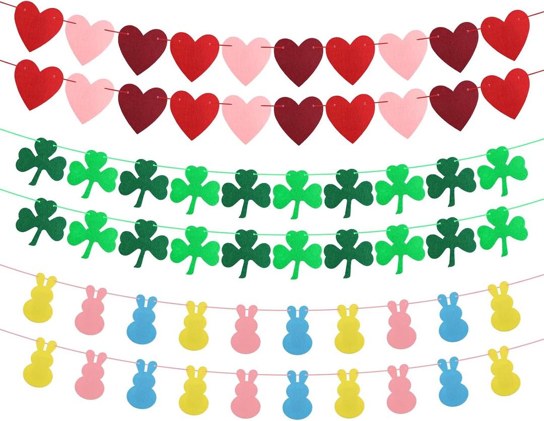 Valentines Day Decorations Felt Garland 6pcs Pre-Assembled Valentines Day Heart St Patricks Day Shamrock Easter Bunny Banner for Mantle, Fireplace, Wall, Party Supplies, Wedding, Anniversary