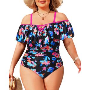 Daci Women Colorful Floral Plus Size One Piece Swimsuits Tummy Control Ruffle Off Shoulder Bathing Suits, Size: 16 Plus