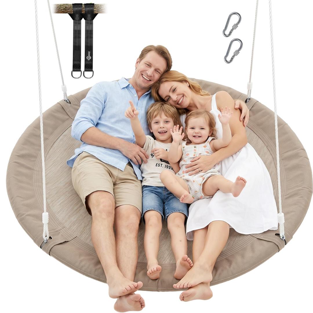 Trekassy 60" Large Saucer Tree Swing for Kids Adults 900D Oxford Waterproof with 2pcs Hanging Straps, Taupe