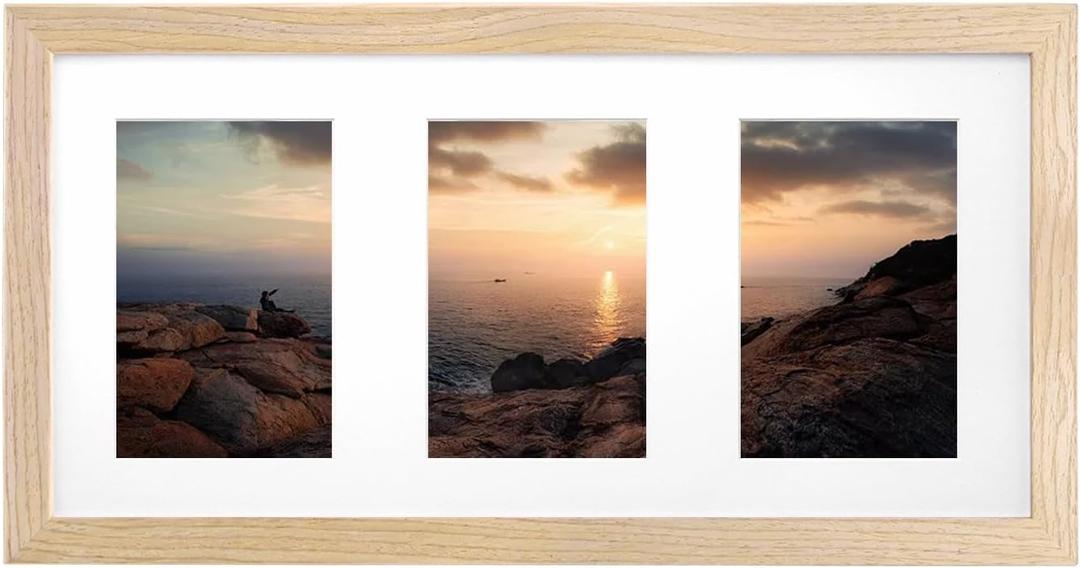 KINLINK 8x16 Panoramic Collage Picture Frame, Natural Solid Wood Frame with HD Plexiglass for Multiple Three 4x6 Photos with Mat or 8x16 without Mat, Tabletop and Wall Mounting Display 1 Pack
