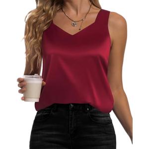 Women's Silk Satin Tank Tops V Neck Camisole Casual Cami Sleeveless Shirt Blouses Silky Basic Tanks, M