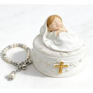 Baptism Gifts for Girl  Faith Keepsake Box with Removable Baptism Figurine & Adjustable Pearl Bracelet, Christening Gifts for Girls from Godparents or Grandparents