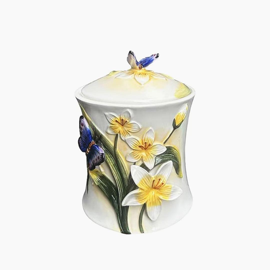 Ceramic Food Storage Containers with Lids,3D Handmade and Hand-painted Butterfly and Lily Design for Home Kitchen Countertop Decorative Collection Jars (Small)