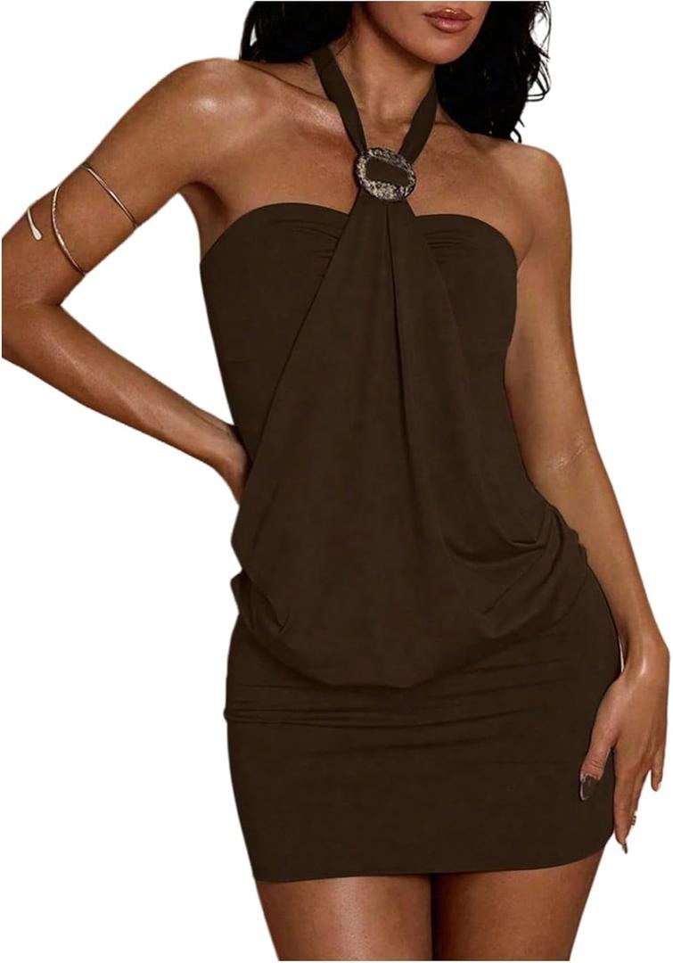 MakeMeChic Women's Ruffle Mini Dress Y2k Backless Sleeveless Western Going Out Halter Dresses (S)