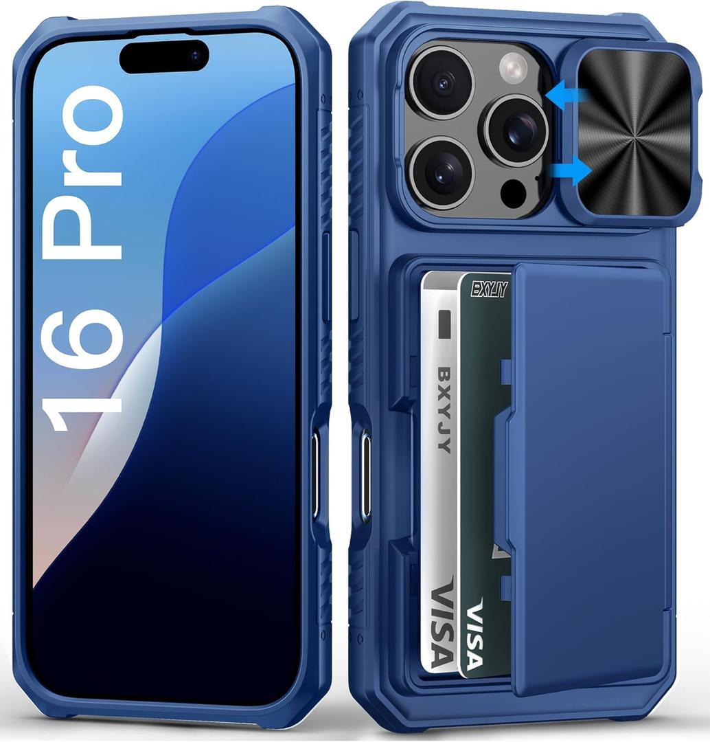 BXYJY for iPhone 16 Pro Case with Card Holder (4-5 Cards), Slide Camera Cover, Military Grade Protection, Shockproof Heavy Duty Rugged Silicone Men Women Wallet Phone Case for iPhone 16 Pro, Blue