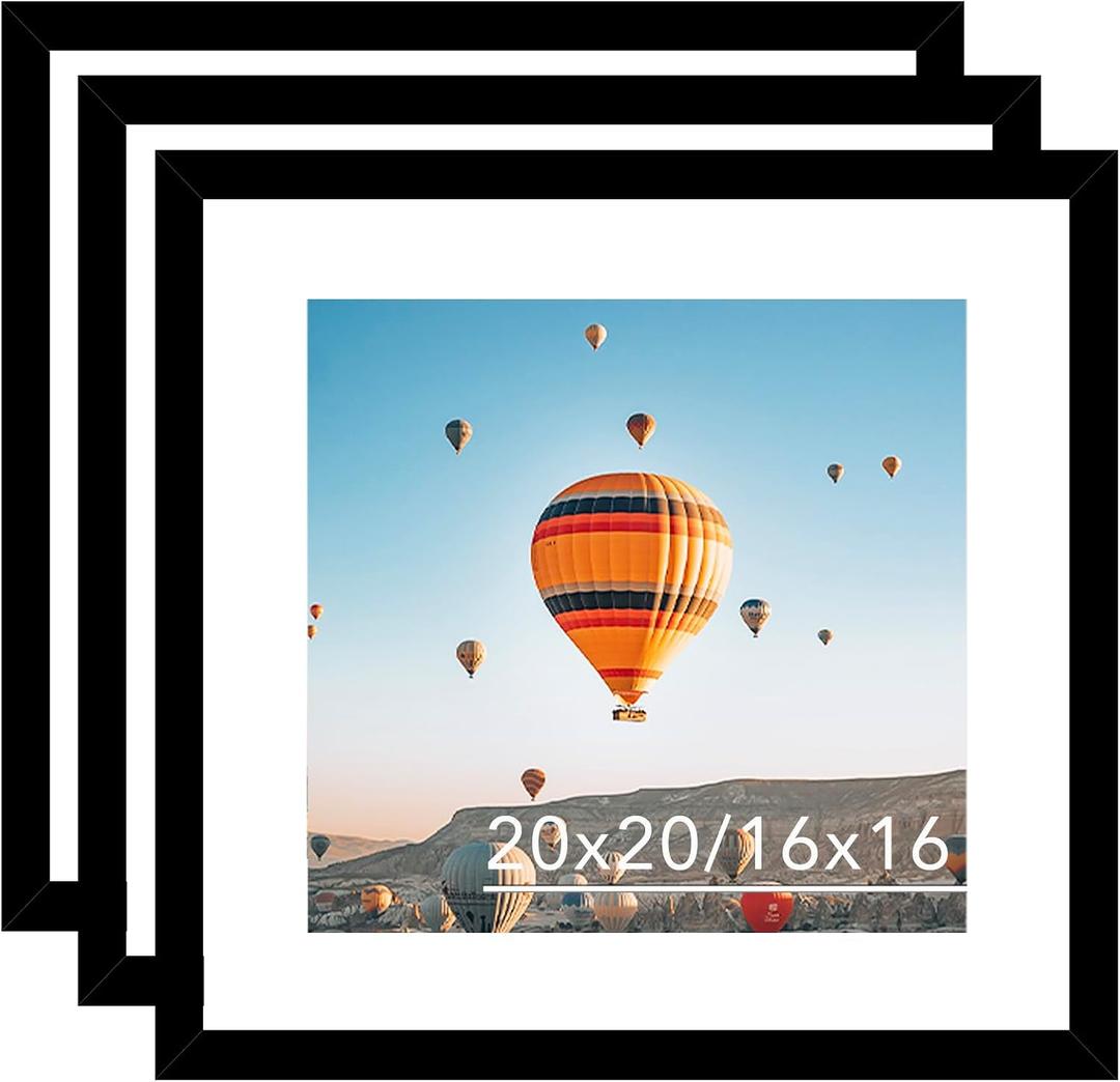 JCJMY 20x20 Picture Frame Set of 3 Black with 16x16 Mat, Display Photo 16x16 with Mat or 20 x 20 Without Mat, Wall Hanging Large 20x20 Poster Frame with Shatter Resistant Plexiglass, 3 Pack, Black