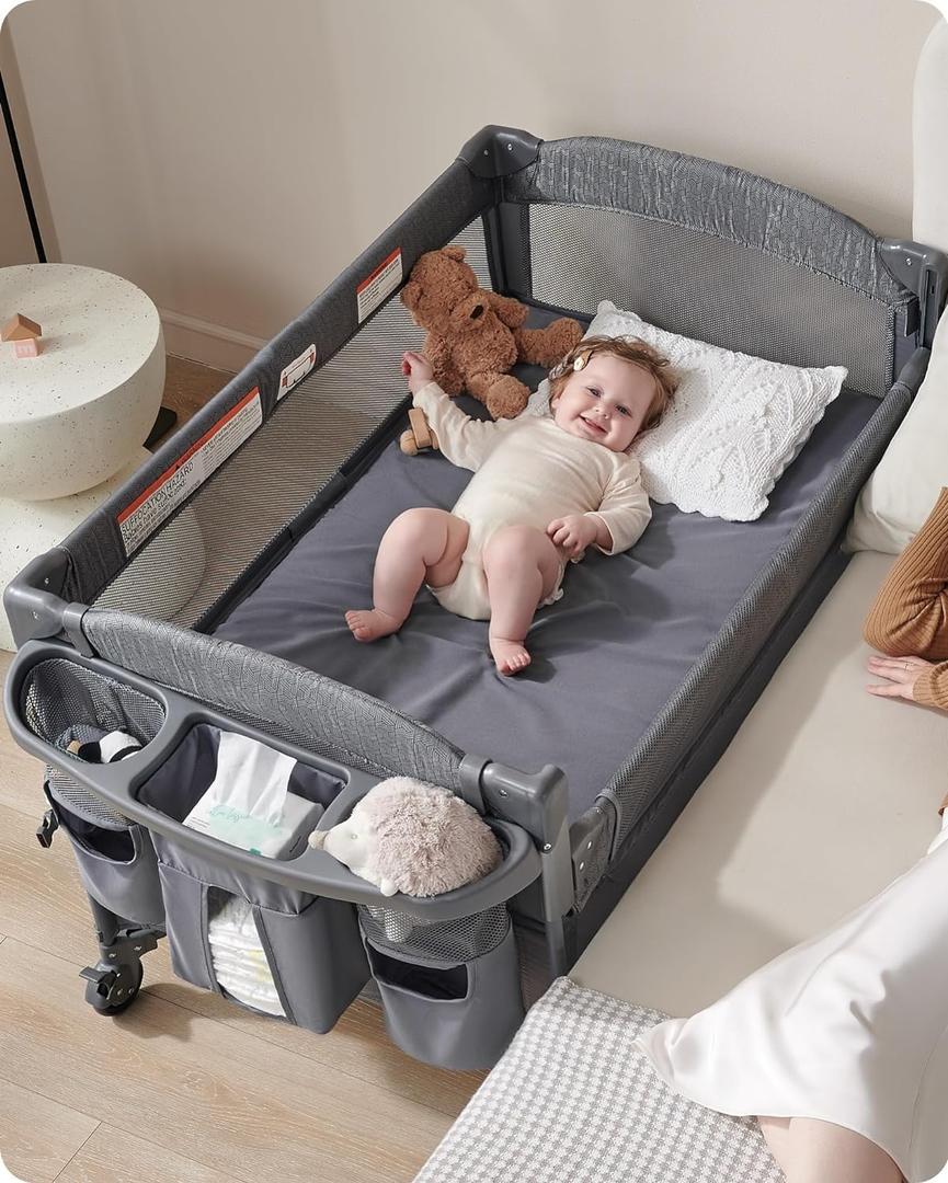AirClub Bassinet Bedside Sleeper, Baby Bassinet Crib for Newborn, Bedside Crib Sleeper with Wheels Breathable Mesh