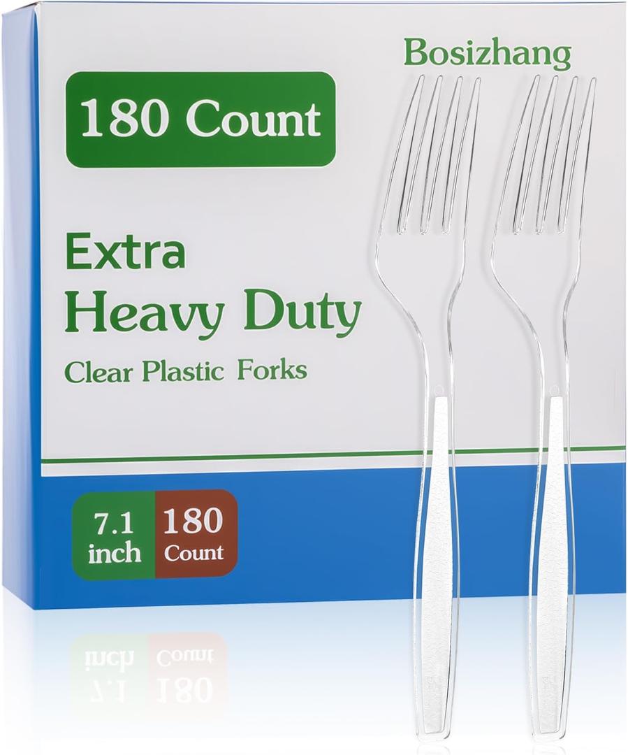 180 Count Extra Heavy Duty Clear Plastic Forks, 7.1" Solid and Durable Disposable Plastic Forks Bulk, BPA-Free & Heat Resistant, Plastic Utensils for Parties, Events and Daily Use