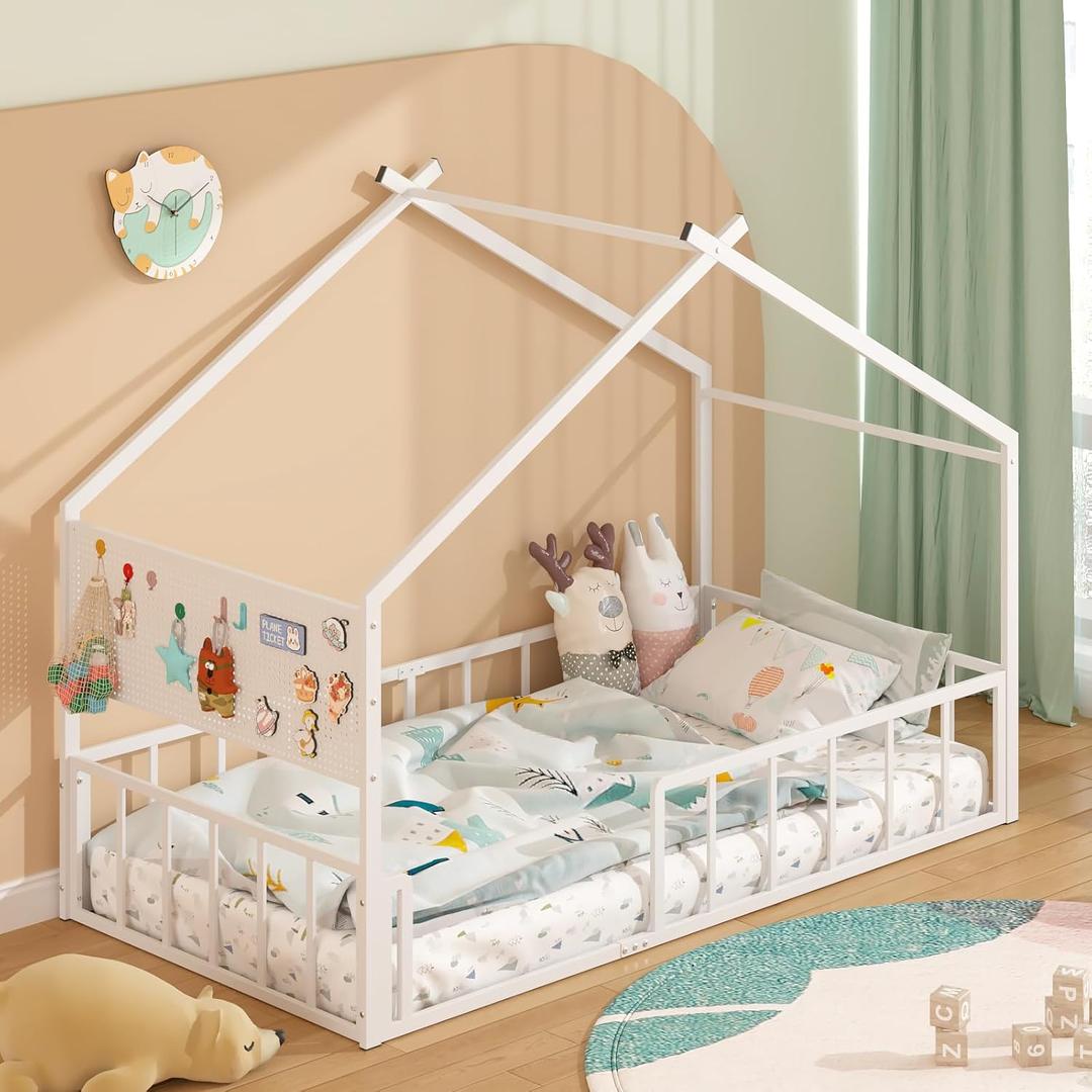 Timy House Shape Twin Size Montessori House Bed Metal Floor Bed with Pegboard and High Rails 1 Safe Opening Gate, White