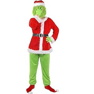 Green Monster Costume Christmas Adult, Halloween Outfit for Woman Men, Green Costume Santa Claus Cosplay 7PCS