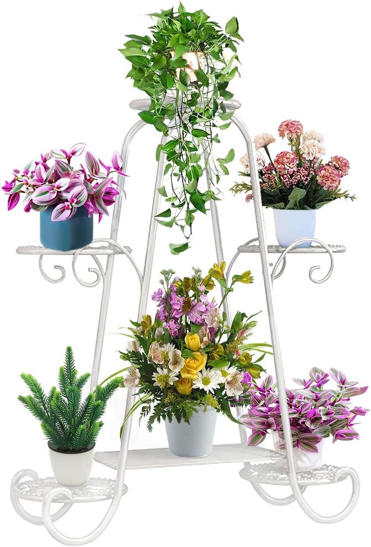CarolynDesign 6 Tier Metal Plant Stand for Indoor and Outdoor, Multi Flower Pot Holder Shelf for Living Room Patio Lawn Garden Balcony (White Round)