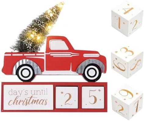 Christmas Tree Truck Count Down LED Lighted 99 Days Advent Calendar with Timer Farmhouse Vintage Rustic Block Winter Holiday Decorations for Home Table House Kitchen