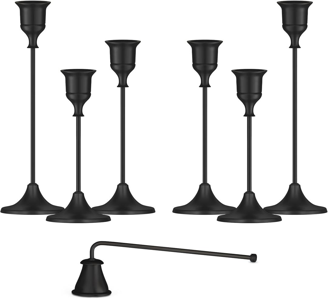 Black Candleholders for Taper Candlesticks Plus Candle Snuffer  Dining Table Dcor Centrepiece - Metal Candelabra Candlestick Holder - Black Dcor for Home Weddings Celebrations Events (Set of 6 Pcs)