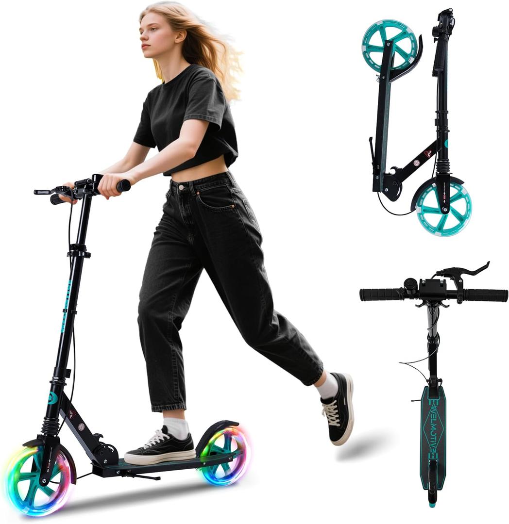 Kick Scooter for Kids Ages 8+ Teens & Adults, with Front handbrake and Rear Brake, and Adjustable Handlebars, Big Sturdy PU Flash Wheels Great Gift & Toy, Black