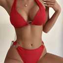 SweatyRocks Women's Ring Linked Halter Push Up Bikini Swimsuit High Stretch Bathing Suit Swimwear Set Swimming Suit Two Piece Red M