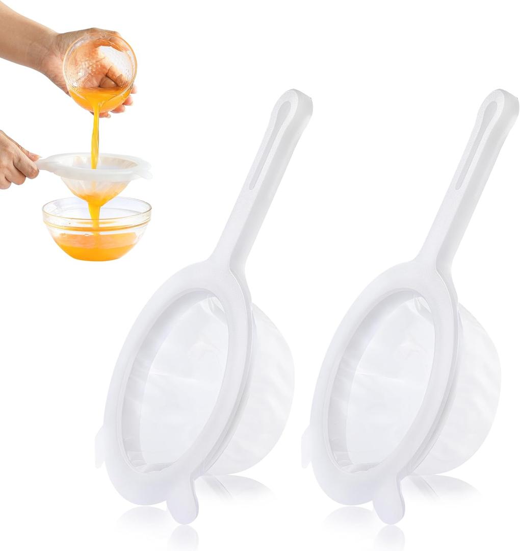 2PCS Plastic Fine Mesh Strainer, Nylon Ultra Strainer for Juice, Yogurt, Coffee, Honey, Milk, Nut Milk with Handle (120 + 200 Mesh)