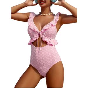 SweatyRocks Women's Cut Out Ruffle Floral One Piece Swimsuit Tie Front Monokini Bathing Suit (Medium, Pink)