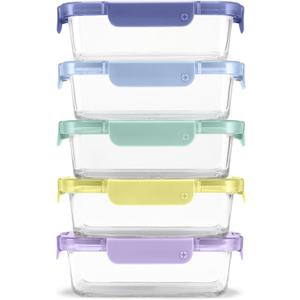 Ello Color Lock 3.4 Cup 10PC, 5 Pack Glass Meal Prep Sets Leak-Proof Glass Food Storage Containers with Airtight BPA-Free Plastic Lids, Dishwasher, Microwave, and Freezer Safe, Purple Rain (5 x 3.4 Cups)
