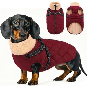 Queenmore Dog Coat, Dog Coats for Small Dogs, Doggy Winter Jacket with Zipper On Back, Waterproof Pet Jacket with Harness Built in, Pet Puffer Coat for Bichon, Schnauzer, Yorkie, Burgundy Small