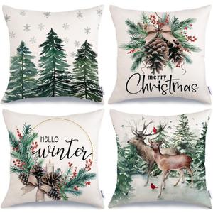 GEEORY Christmas Tree Reindeer Pillow Covers 20 x 20 Inch Set of 4, Xmas Decorations, Holiday Hello Winter Decorative Throw Pillows for Sofa Green G717-20