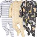 Gerber unisex-baby Fleece Footed Pajamas 3-pack (0-3 Months, Safari)